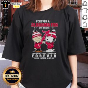 Alt Text: Snoopy and Charlie Brown Forever Alabama Crimson Tide fan tee, celebrating sports spirit win or lose for ladies.