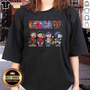 Ladies Tee featuring Snoopy and Charlie Brown with Chicago Blackhawks, Bulls, Cubs, and Bears logos.