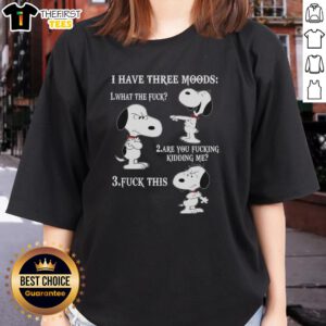 Alt Text: Womens tee featuring Snoopy with 'I have three moods' text, perfect for fans of playful graphic tees.