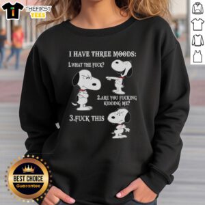 Alt Text: Snoopy sweatshirt featuring 'I Have Three Moods: What The F*ck, Are You F*cking Kidding Me, F*ck This' design.
