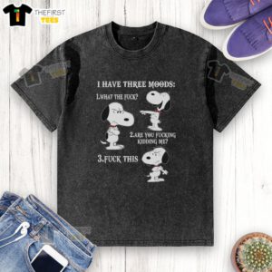 Alt Text: Snoopy graphic on a washed t-shirt displaying three moods: confusion, frustration, and sarcasm. Fun casual wear.