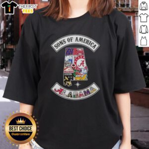 Alabama map featuring sports logos on a ladies' tee, celebrating the top son of America design.