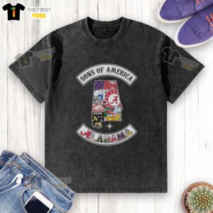 Top Son of America Alabama map sports logos combine washed t-shirt in vibrant colors, perfect for sports fans.