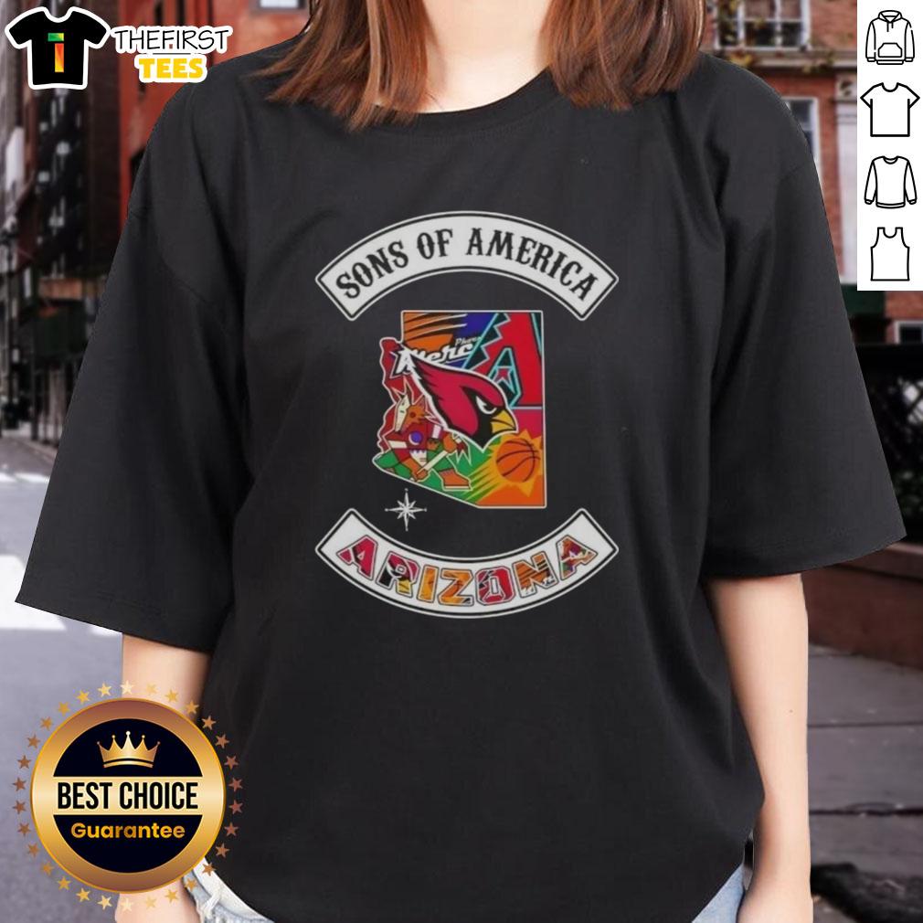 Alt Text: Top Son of America Arizona map with sports logos on a ladies tee, showcasing vibrant designs and local pride.