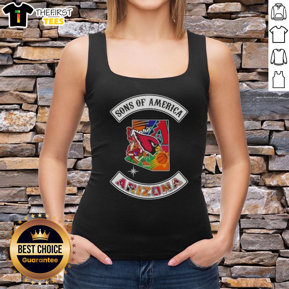 Alt Text: Top Son of America Arizona map sports logos combine tank top showcasing vibrant graphics and unique design.