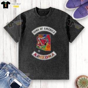 Top Son of America Arizona map sports logos combine washed t-shirt, featuring vibrant graphics and a trendy design.