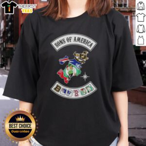 Boston map featuring sports logos on a ladies' tee, showcasing the Top Son of America style and local team pride.