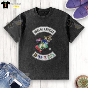 Top Son of America Boston Map Sports Logos Combine Washed T-Shirt featuring vibrant Boston sports team graphics.