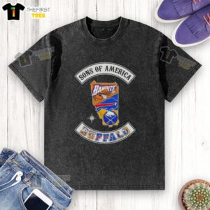 Top Son of America Buffalo Map Sports Logos Combine Washed T-Shirt featuring vibrant graphics and a comfortable fit.