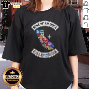 California map featuring top sports logos for ladies' tee, showcasing pride in American sports culture.