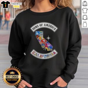 Top Son of America California map sports logos combine sweatshirt featuring vibrant California-themed designs.