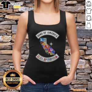 Alt Text: Top Son of America California map tank top featuring sports logos, perfect for fans and summer wear.