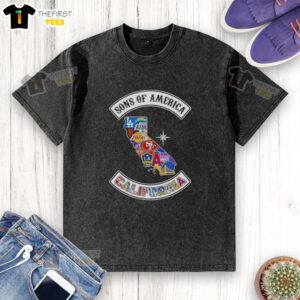 Alt Text: California map sports logos printed on Top Son of America washed t-shirt, perfect for sports fans and casual wear.