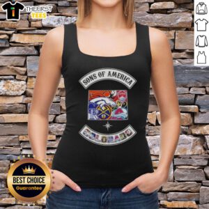 Alt Text: Colorado map tank top featuring sports logos, perfect for fans showcasing their love for the Top Son of America.