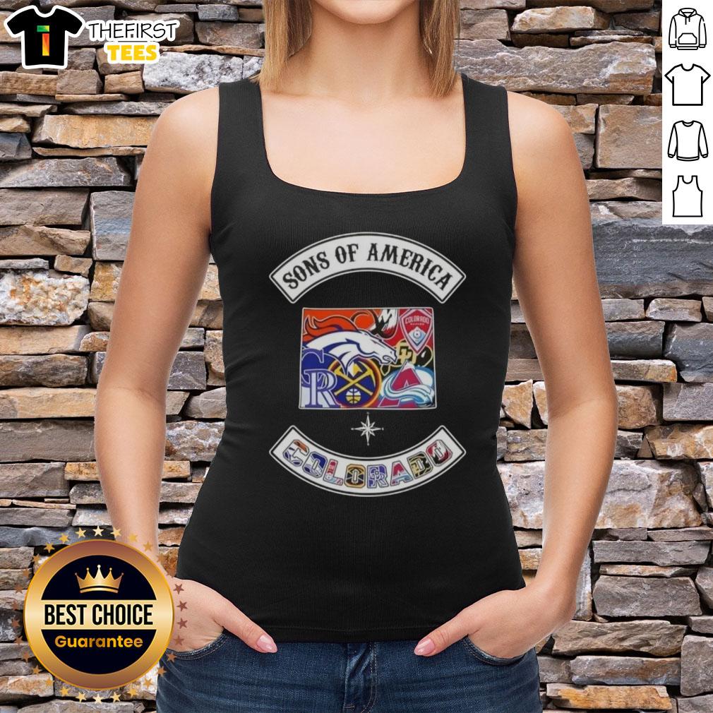 Alt Text: Colorado map tank top featuring sports logos, perfect for fans showcasing their love for the Top Son of America.