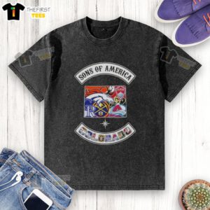 Top Son of America Colorado Map Sports Logos Combine Washed T-Shirt featuring vibrant graphics of Colorado sports teams.