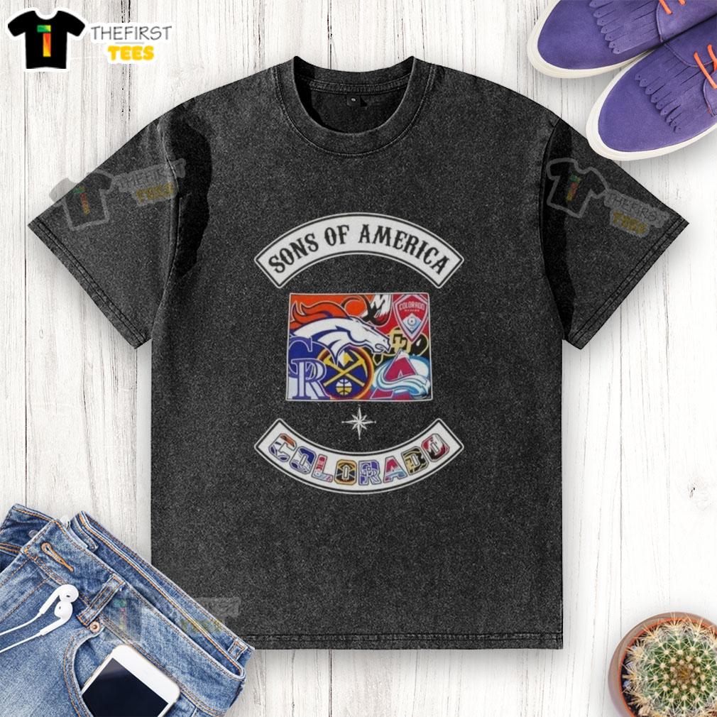 Top Son of America Colorado Map Sports Logos Combine Washed T-Shirt featuring vibrant graphics of Colorado sports teams.