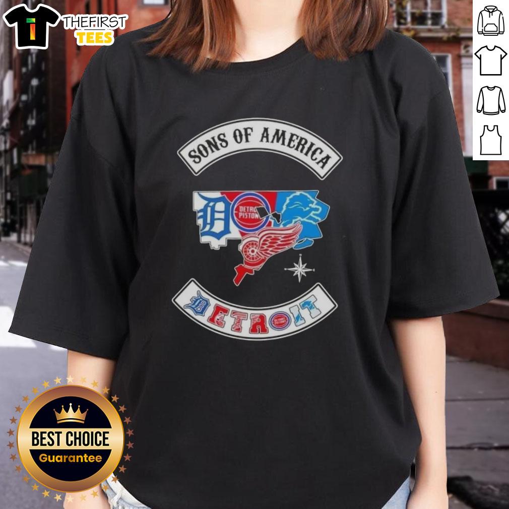 Top Son of America Detroit map with sports logos on a ladies tee, perfect for sports fans and Detroit enthusiasts.