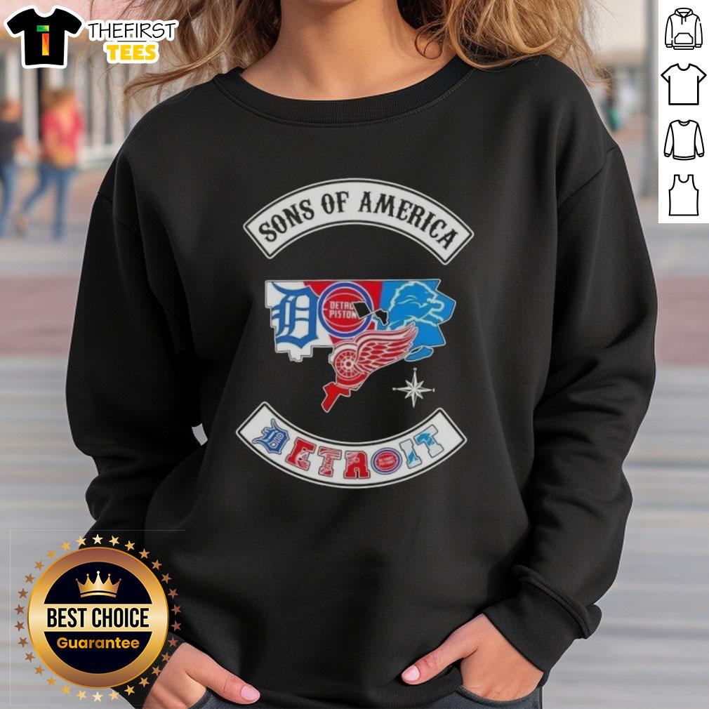 Alt Text: Top Son of America Detroit Map Sports Logos Combine Sweatshirt featuring vibrant graphics and a cozy design.