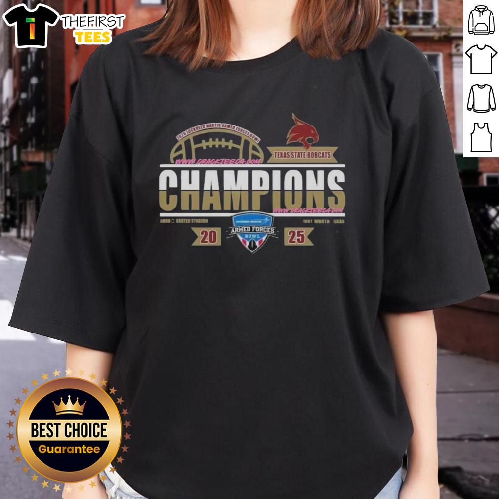 Alt Text: Texas State Bobcats 2026 Armed Forces Bowl champions locker room ladies tee showcasing team spirit and victory.