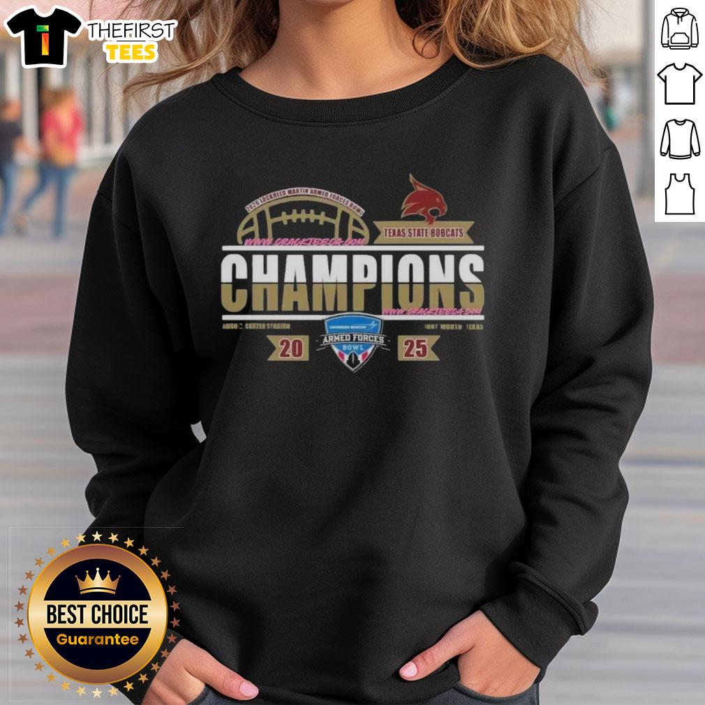 Alt Text: Top Texas State Bobcats 2026 Armed Forces Bowl Champions sweatshirt displayed in a team locker room setting.