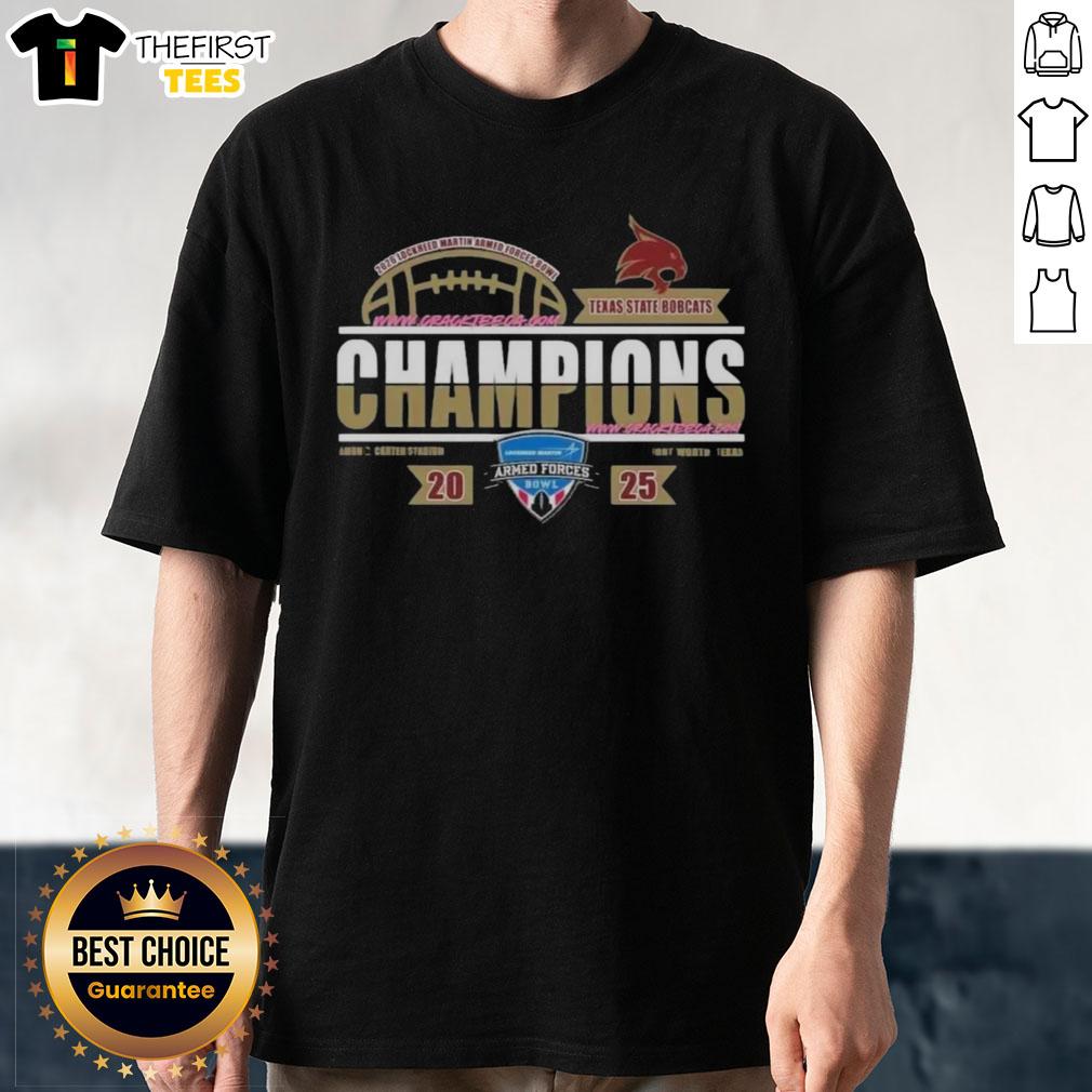 Top Texas State Bobcats 2026 Armed Forces Bowl Champions t-shirt displayed in locker room setting, celebrating victory.