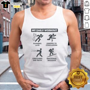 Stickman in a tank top humorously running late with emotional baggage, representing funny daily workout struggles.