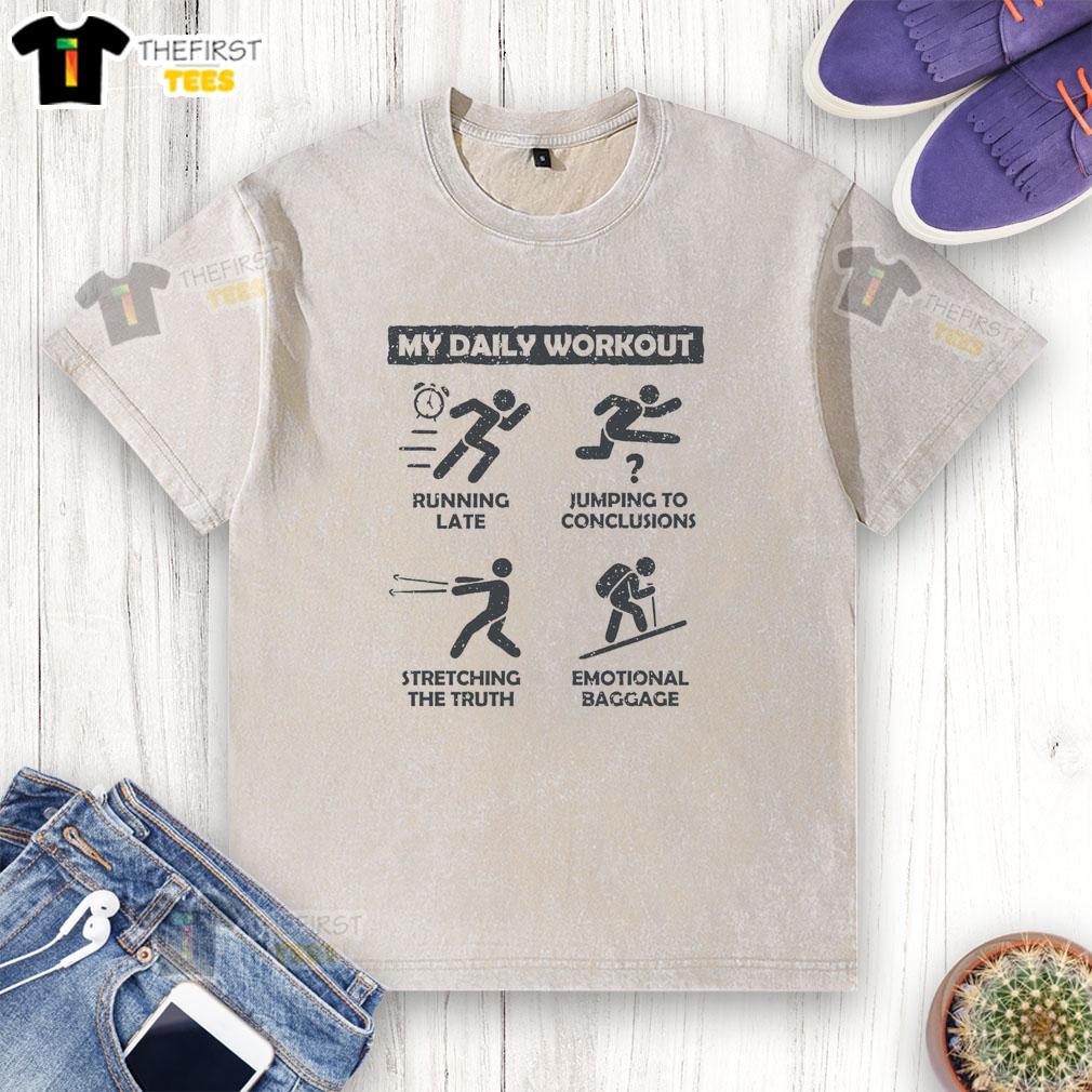 Stickman character in a washed T-shirt humorously running late with emotional baggage for a funny daily workout.