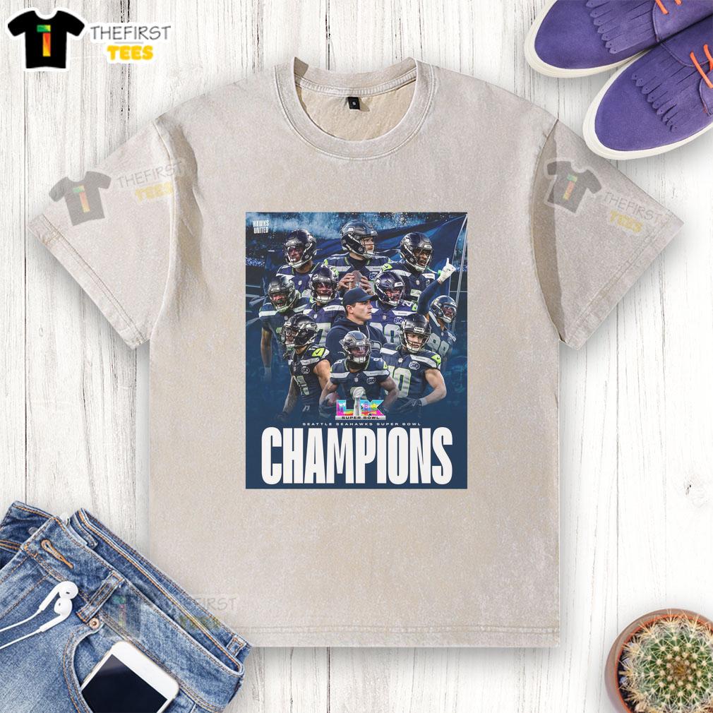 Seattle Seahawks Super Bowl LX 2026 Champions graphic washed t-shirt showcasing team pride and style.