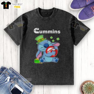 Nice Stitch St. Patrick's Day Hug Cummins Logo on a Washed T-Shirt, perfect for festive celebrations and casual wear.