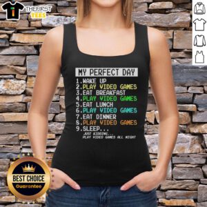 Official My Perfect Day tank top featuring a gamer enjoying video games and breakfast, perfect for gaming enthusiasts.