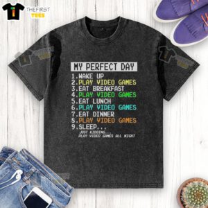 Alt Text: A relaxed morning scene featuring a person in a washed t-shirt waking up, playing video games, and enjoying breakfast.