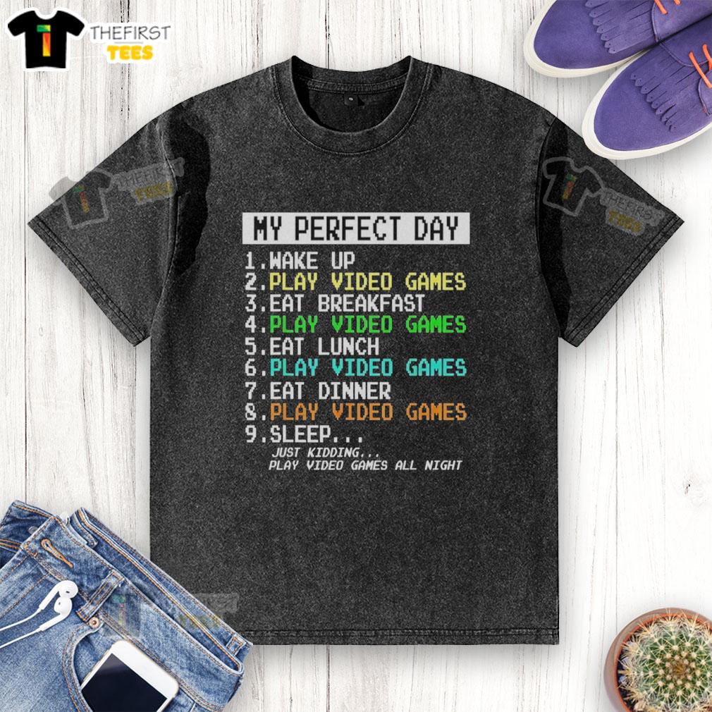 Alt Text: A relaxed morning scene featuring a person in a washed t-shirt waking up, playing video games, and enjoying breakfast.