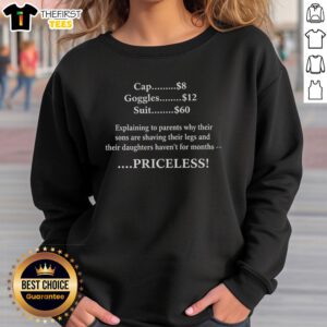 Alt Text: Official Priceless Explanation Cap, Goggles, and Suit Sweatshirt displayed on a mannequin against a neutral background.