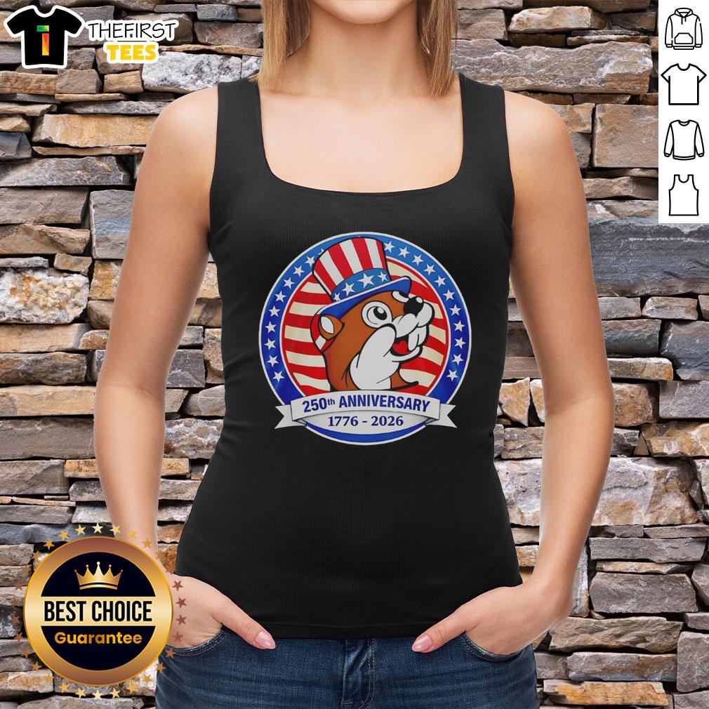 Alt Text: Premium Buc-Ees Beaver 250th Anniversary tank top featuring Uncle Sam and the American flag for patriotic style.