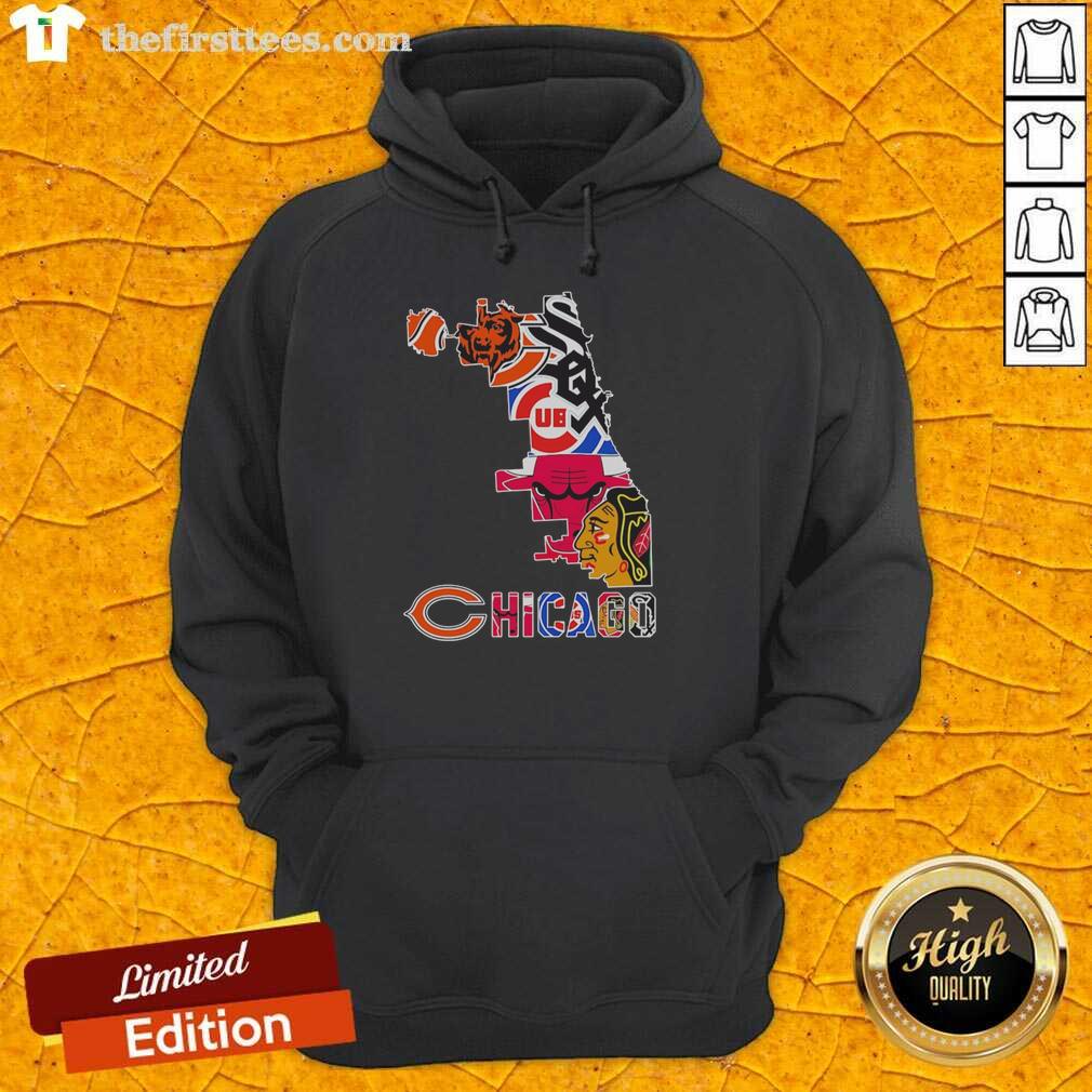 Premium Chicago sports teams logo mashup city map silhouette graphic on a hoodie, showcasing iconic sports emblems.