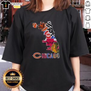 Alt Text: Premium Chicago sports teams logo mashup city map silhouette graphic on a ladies tee, perfect for fans and fashion.