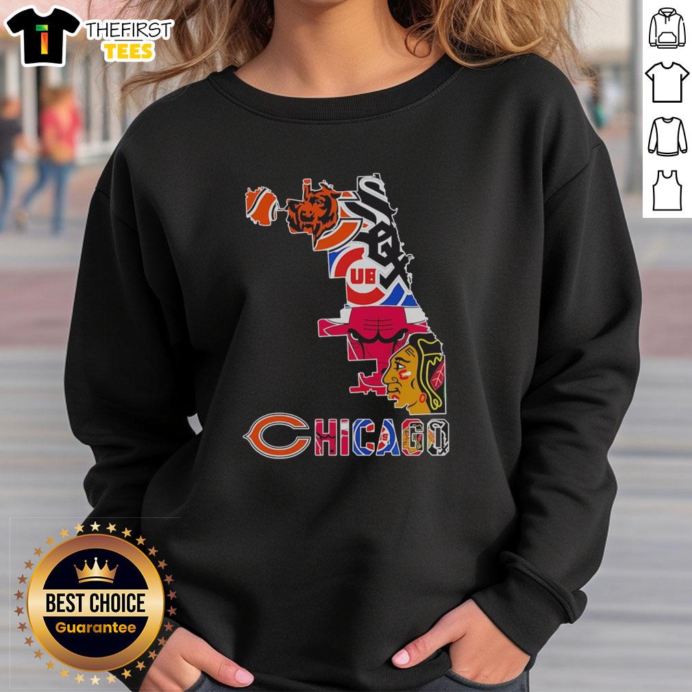 Premium Chicago sports teams logo mashup city map silhouette graphic on a stylish sweatshirt design.