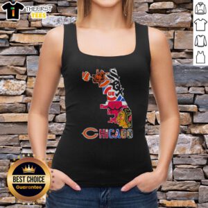 Alt Text: Premium Chicago sports teams logo mashup graphic on a city map silhouette tank top design for fans.