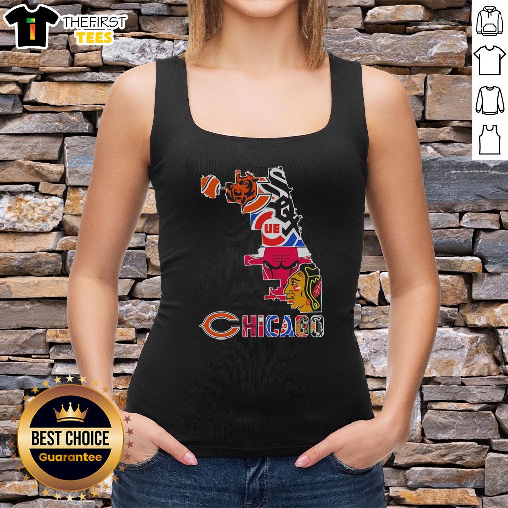 Alt Text: Premium Chicago sports teams logo mashup graphic on a city map silhouette tank top design for fans.