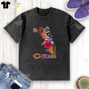 Alt Text: Premium Chicago sports teams logo mashup city map silhouette graphic on a washed T-shirt design.