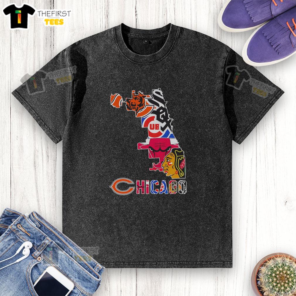 Alt Text: Premium Chicago sports teams logo mashup city map silhouette graphic on a washed T-shirt design.