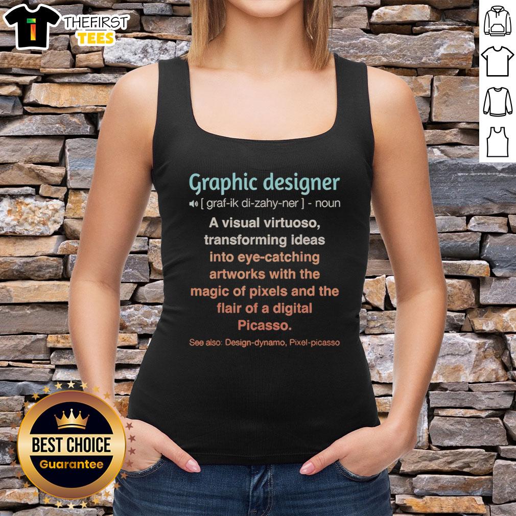 Alt Text: Premium graphic designer wearing a stylish tank top, showcasing vibrant artworks and creative ideas in a studio setting.
