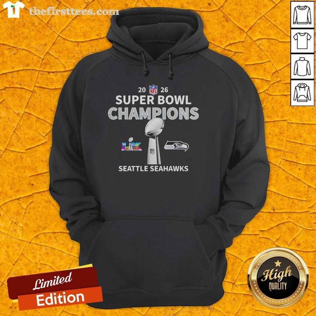 Premium NFL 2026 Seattle Seahawks Super Bowl LX Champions hoodie featuring the Vince Lombardi Trophy design.