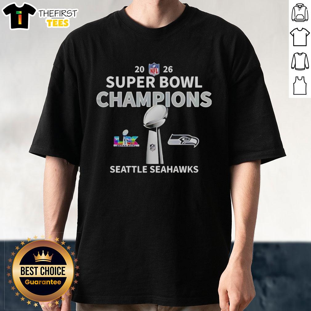 Alt Text: Premium NFL 2026 Seattle Seahawks Super Bowl LX Champions T-Shirt featuring the Vince Lombardi Trophy design.