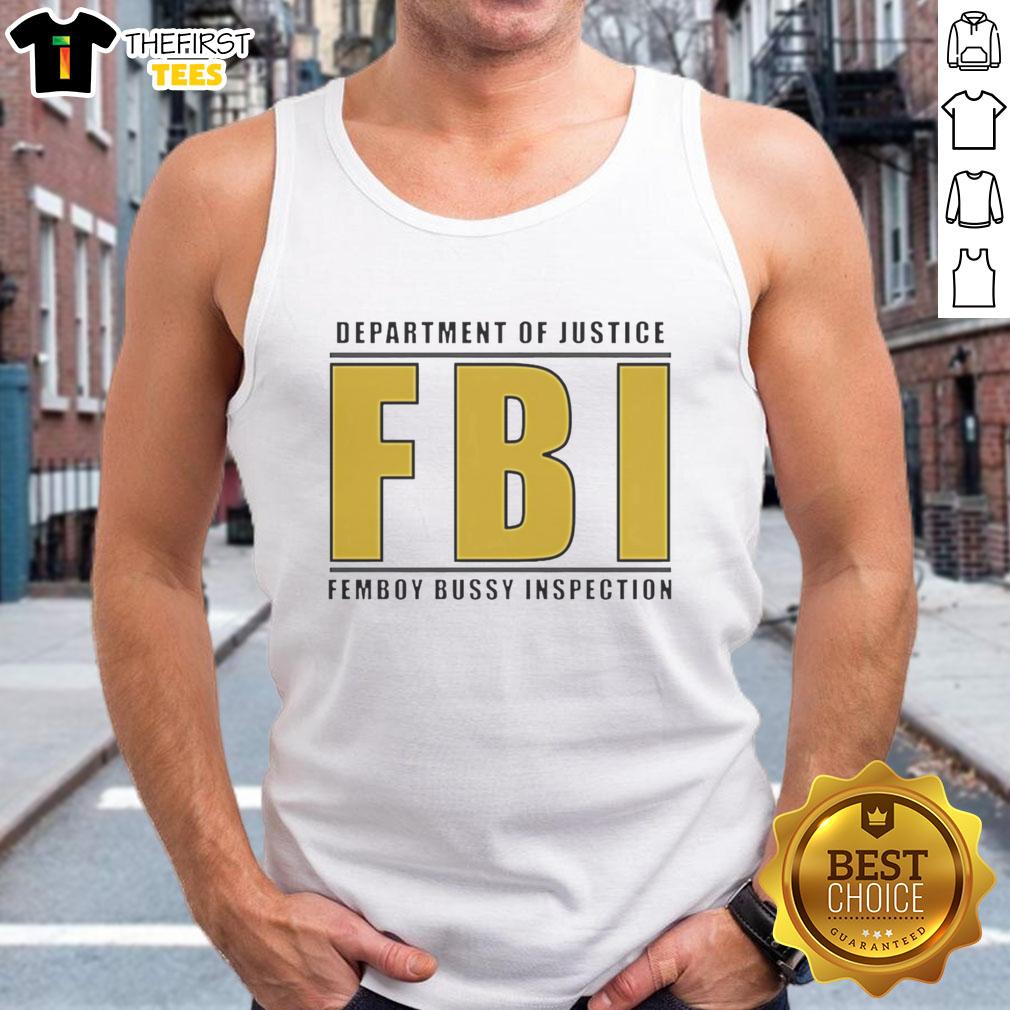Femboy wearing a tank top with 'Top Department of Justice FBI' text, showcasing a playful and stylish look.