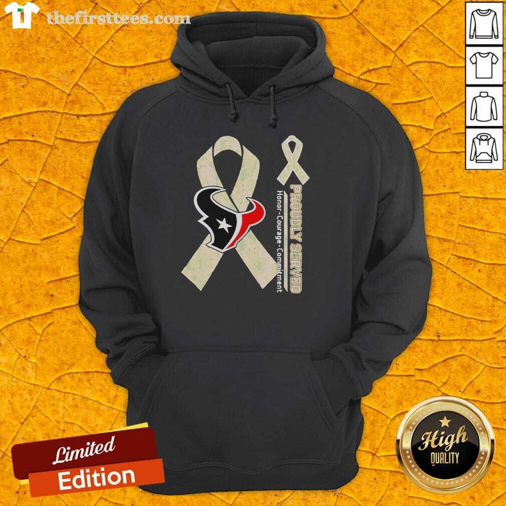 Top Houston Texans hoodie showcasing pride, honor, courage, and commitment in stylish team colors.