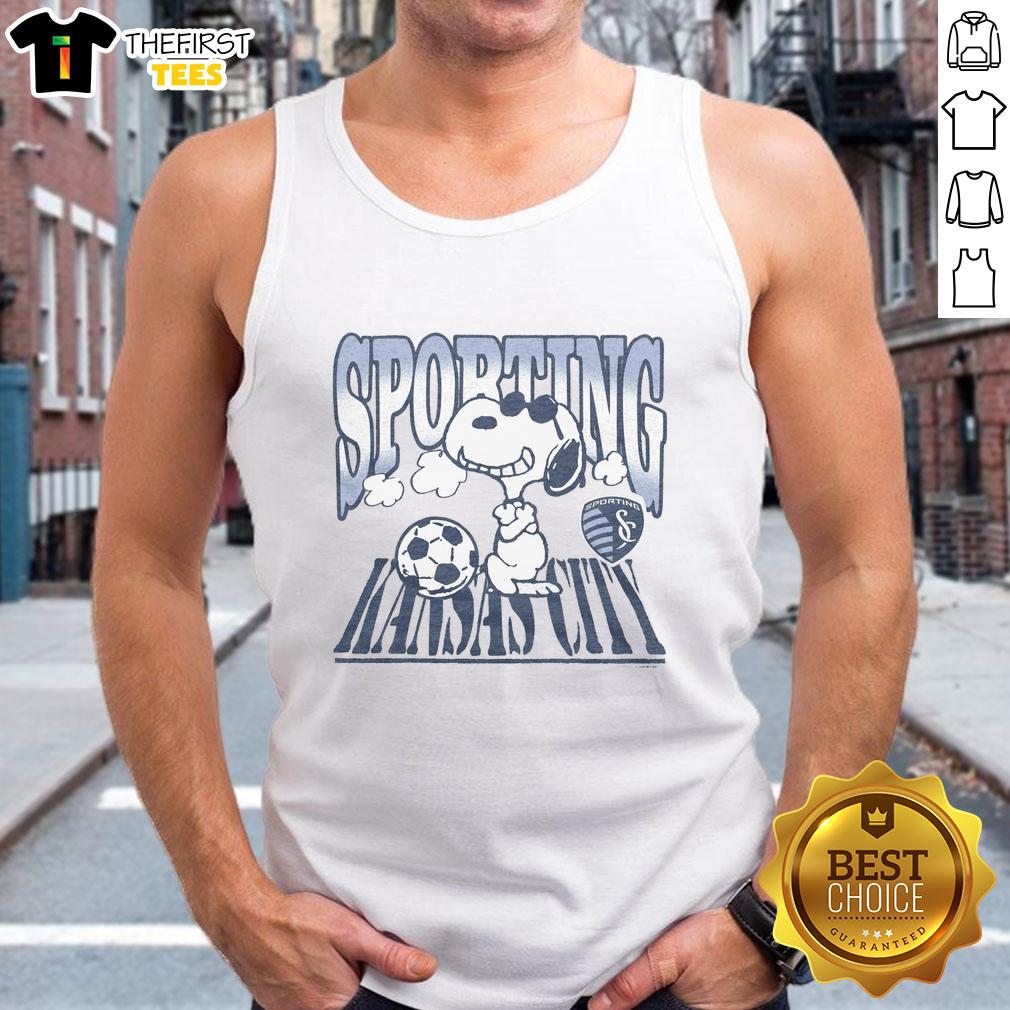 Top Peanuts Snoopy X Sporting Kansas City sunglasses tank top featuring a playful Snoopy design in team colors.