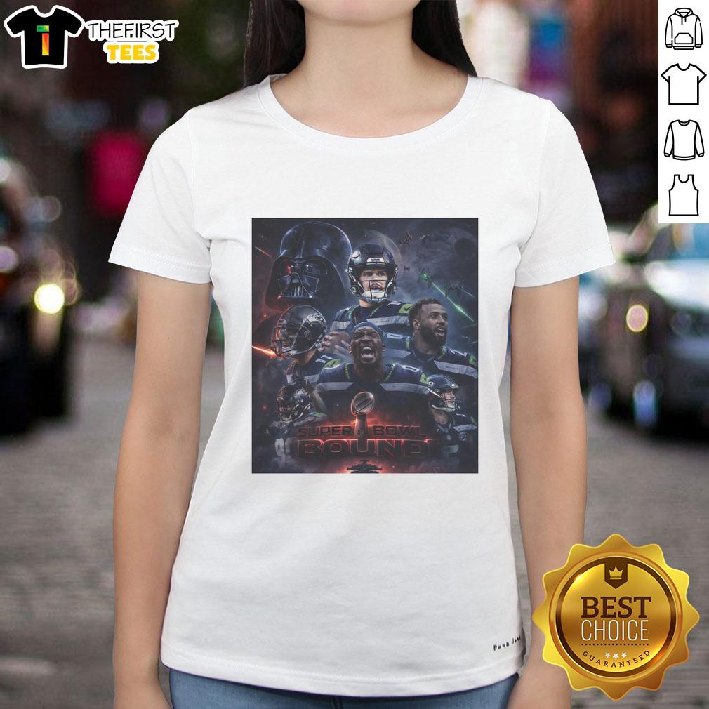 Alt Text: Top Seattle Seahawks x Darkside Defense Super Bowl LX 2026 Champions graphic on a ladies tee shirt.