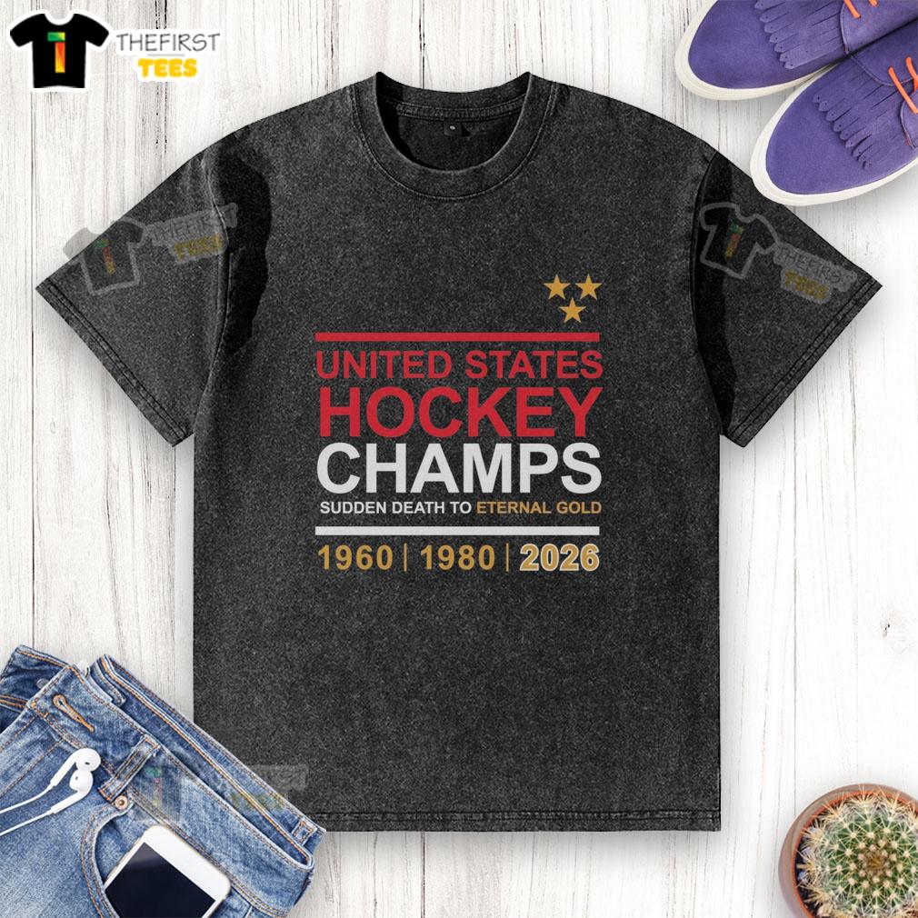 Top United States Hockey Champs Sudden Death to Eternal Gold 2026 washed t-shirt featuring a vintage design and team logo.